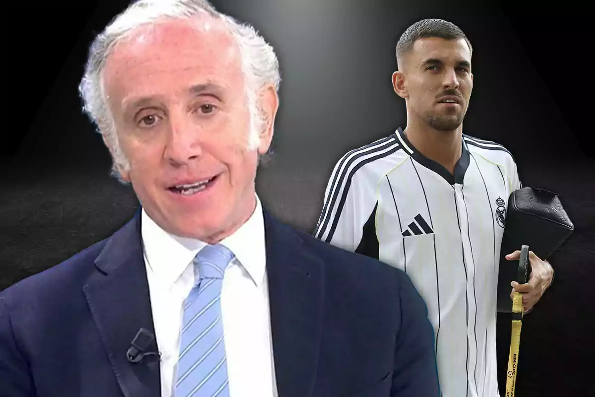 A gray-haired man in a light blue suit and tie is in the foreground, while in the background there is a player in a black and white uniform holding a black case.