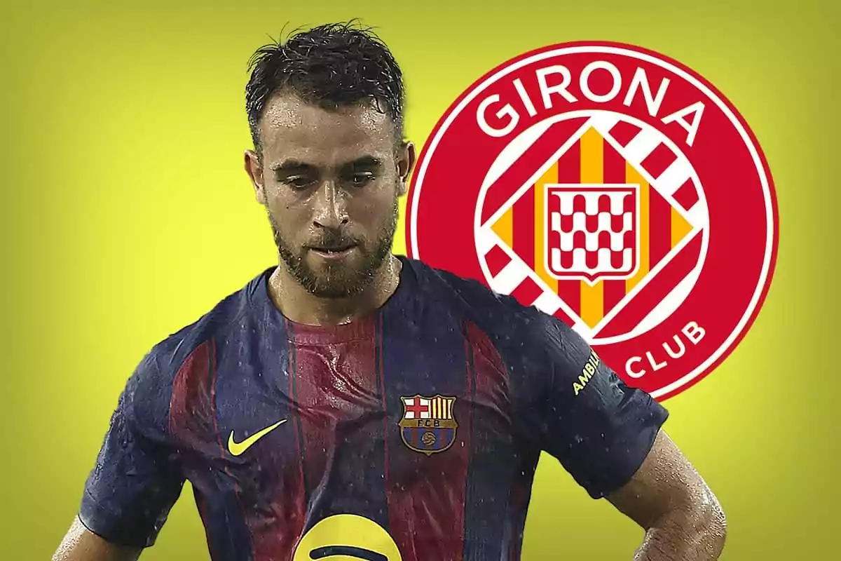 Futbolista con camiseta del Barcelona frente al escudo del Girona sobre fondo amarillo