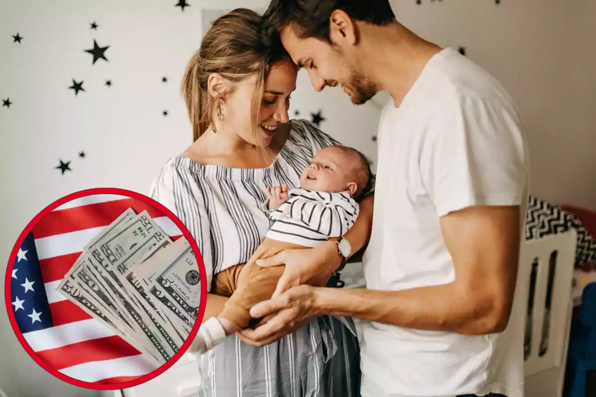 A smiling couple holds their baby in a room decorated with black stars, while in the lower left corner there is a circle with dollar bills over a United States flag.