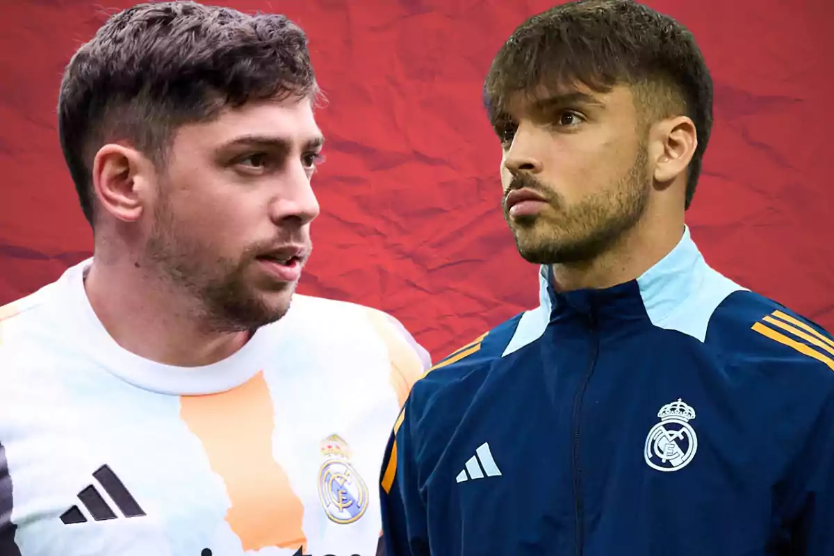 Dos futbolistas del Real Madrid con uniforme del equipo posan frente a un fondo rojo