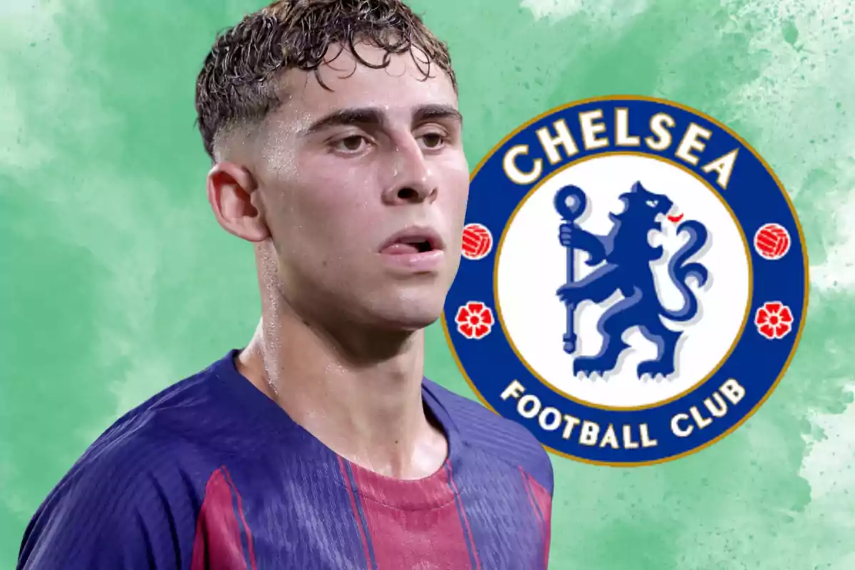 Young player wearing a blue and red jersey in front of the Chelsea crest on a green background