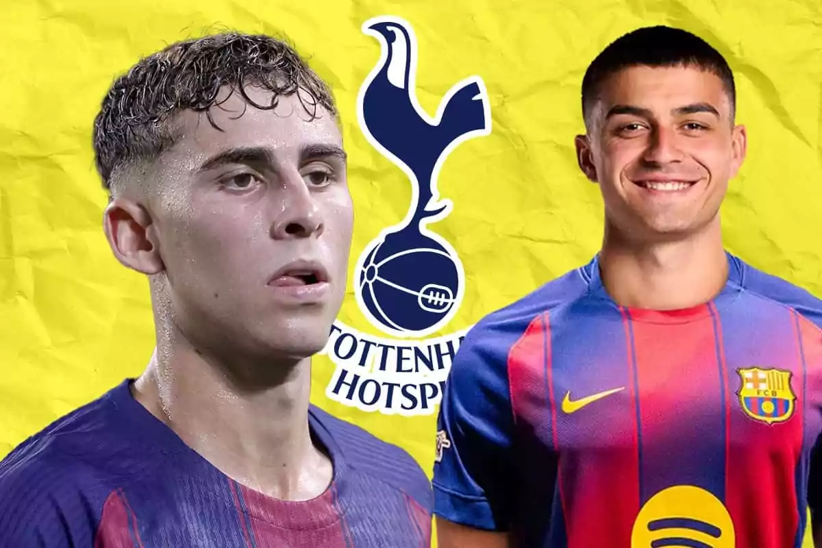 Dos futbolistas con uniforme del Barcelona y el escudo del Tottenham Hotspur al fondo sobre un fondo amarillo