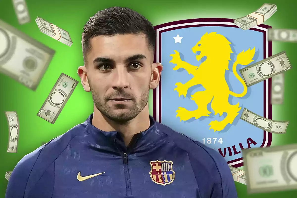 Futbolista con chaqueta del Barcelona frente al escudo del Aston Villa y billetes de dólar flotando sobre fondo verde