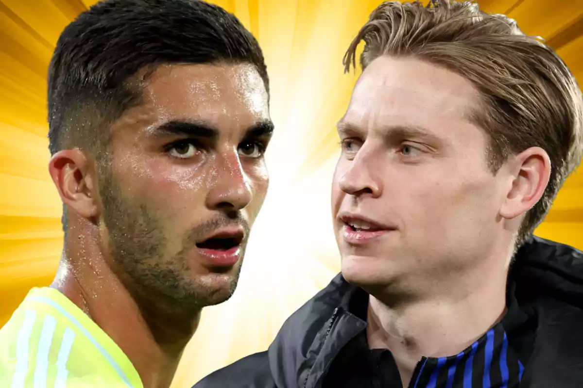 Dos futbolistas en primer plano con un fondo amarillo brillante