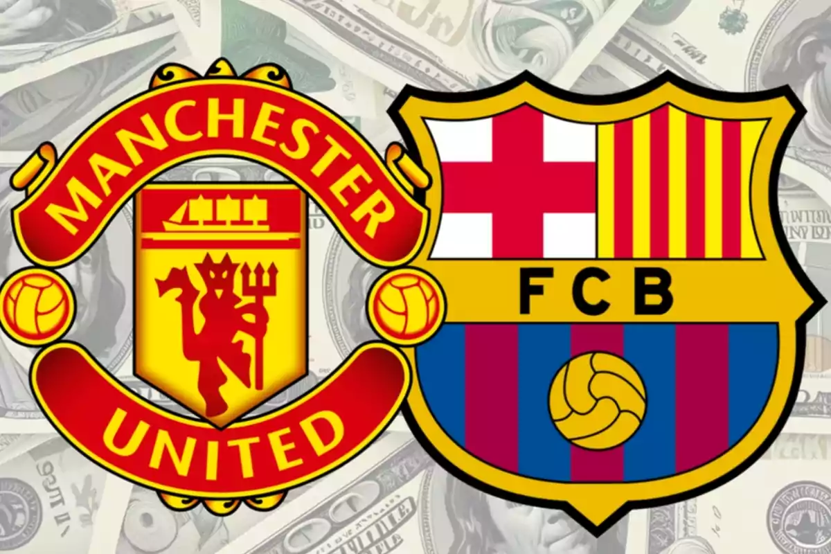 Escudos de Manchester United y FC Barcelona sobre un fondo de billetes de dólar