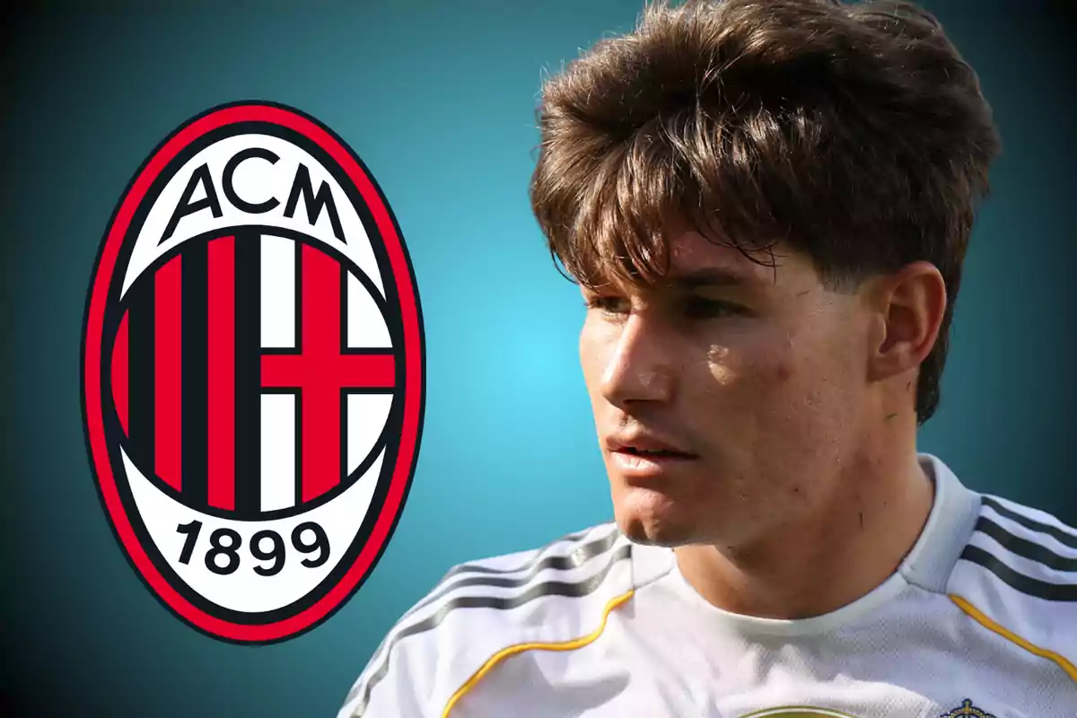A player in a white jersey next to the AC Milan crest on a blue background.