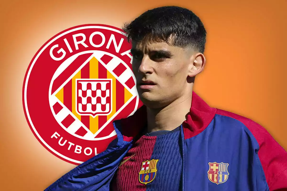 Jugador con chaqueta del FC Barcelona frente al escudo del Girona FC sobre un fondo naranja