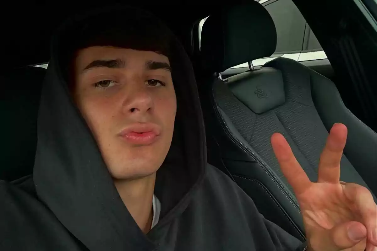 Joven con sudadera oscura haciendo el signo de paz mientras se toma una selfie dentro de un auto Joven con sudadera oscura haciendo el signo de paz mientras se toma una selfie dentro de un auto