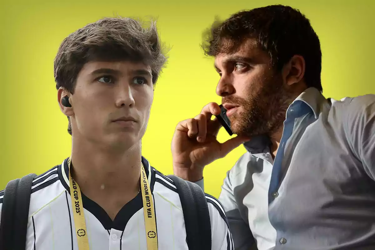 Dos hombres sobre un fondo amarillo uno con camiseta deportiva y auriculares y otro con camisa hablando por teléfono