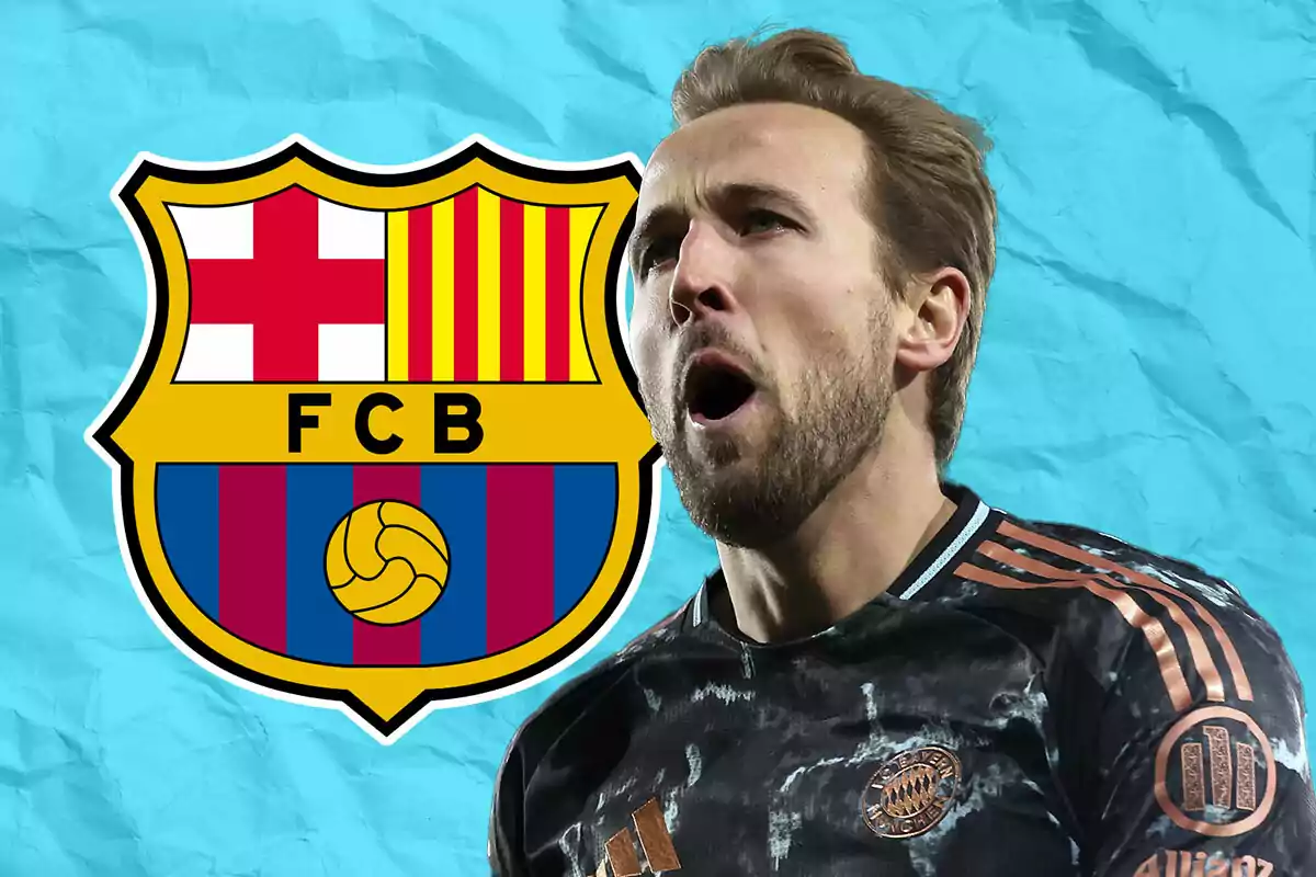 Futbolista con uniforme del Bayern Múnich y escudo del FC Barcelona sobre fondo azul
