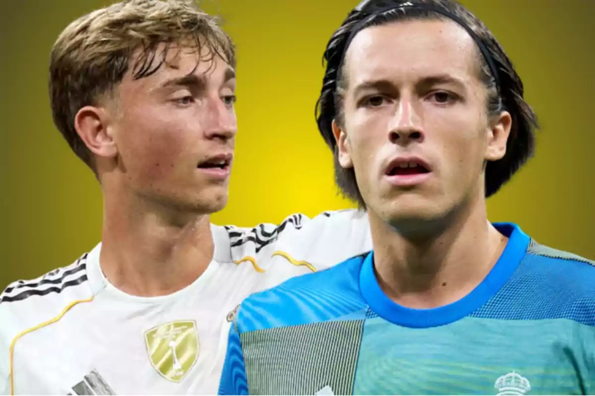 Two young players in sports uniforms pose in front of a blurred yellow background.