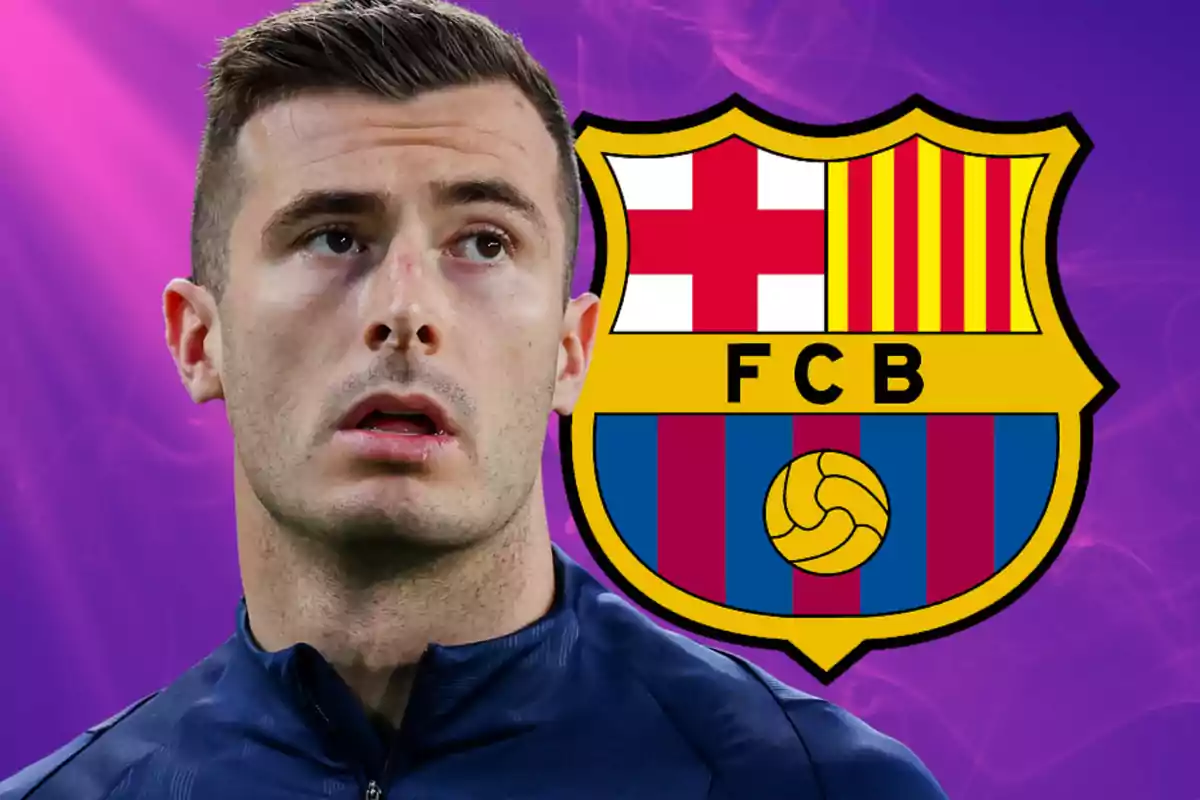 Soccer player with a blue jacket in front of the FC Barcelona crest on a purple background