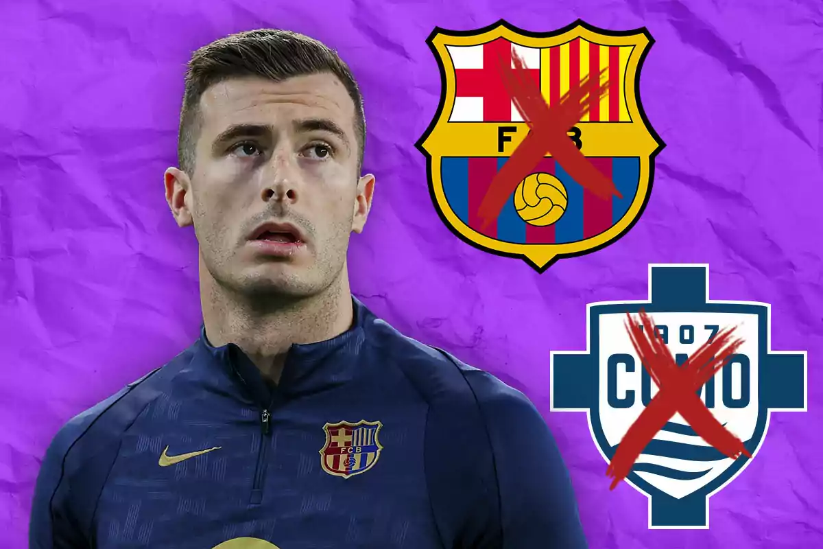 Futbolista con uniforme del Barcelona al frente de un fondo morado con los escudos del Barcelona y Como tachados con una X roja