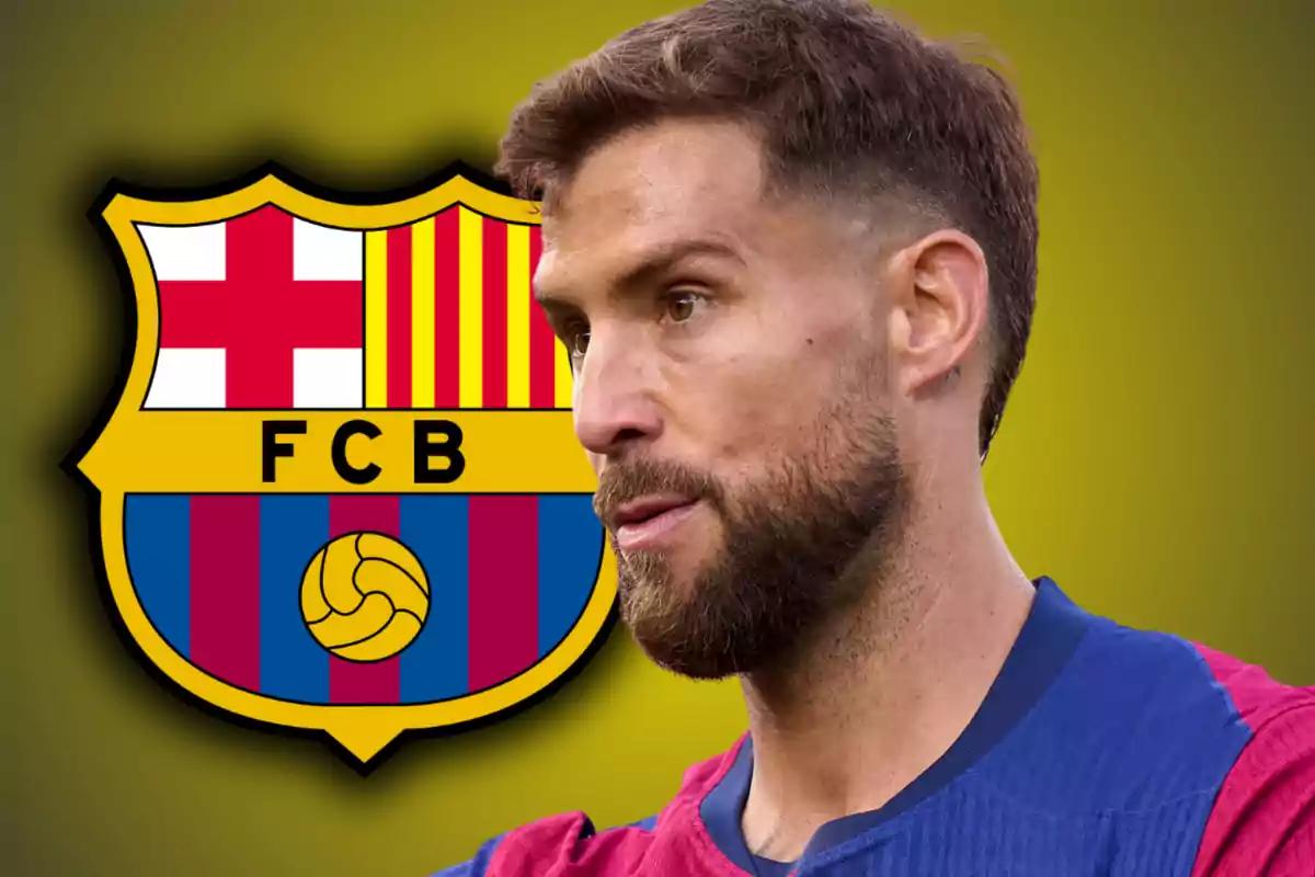 Bearded player in a blue and garnet jersey in front of the FC Barcelona crest against a blurred yellow background