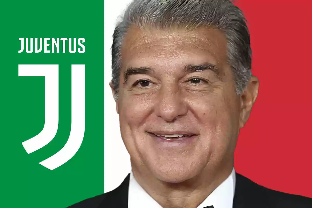 Hombre sonriente con cabello canoso frente a un fondo con los colores de la bandera de Italia y el logo de Juventus a la izquierda.