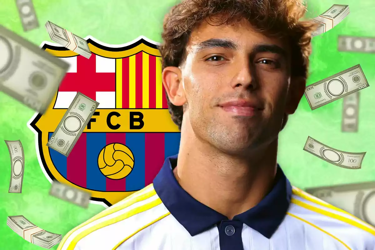 Jugador de fútbol con el escudo del FC Barcelona de fondo y billetes flotando alrededor