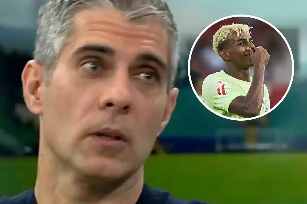 Close-up of a gray-haired man with a serious expression, and in the upper right corner, a circular image of a blond-haired player celebrating on the field appears.