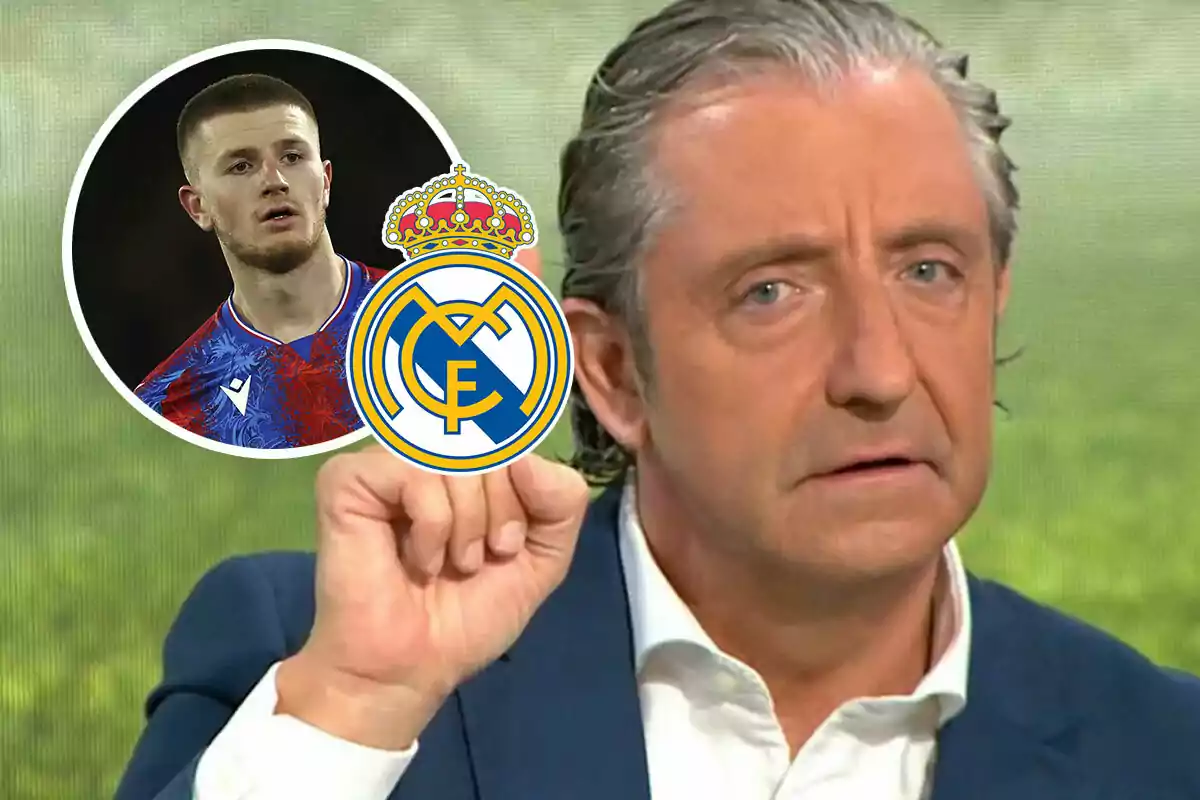 A gray-haired man holds the Real Madrid shield while in the background appears the image of a young player wearing a blue and red jersey.