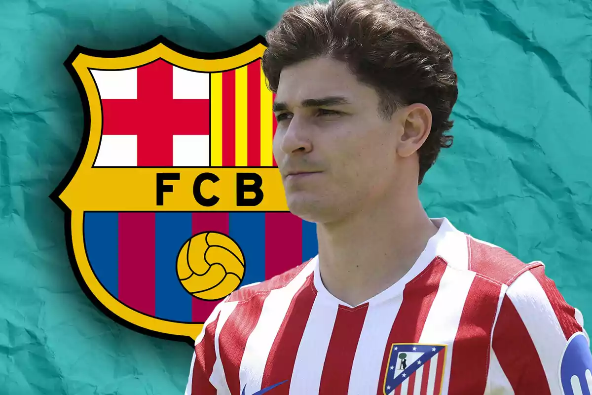 Jugador del Atlético de Madrid con el escudo del FC Barcelona de fondo sobre un fondo turquesa