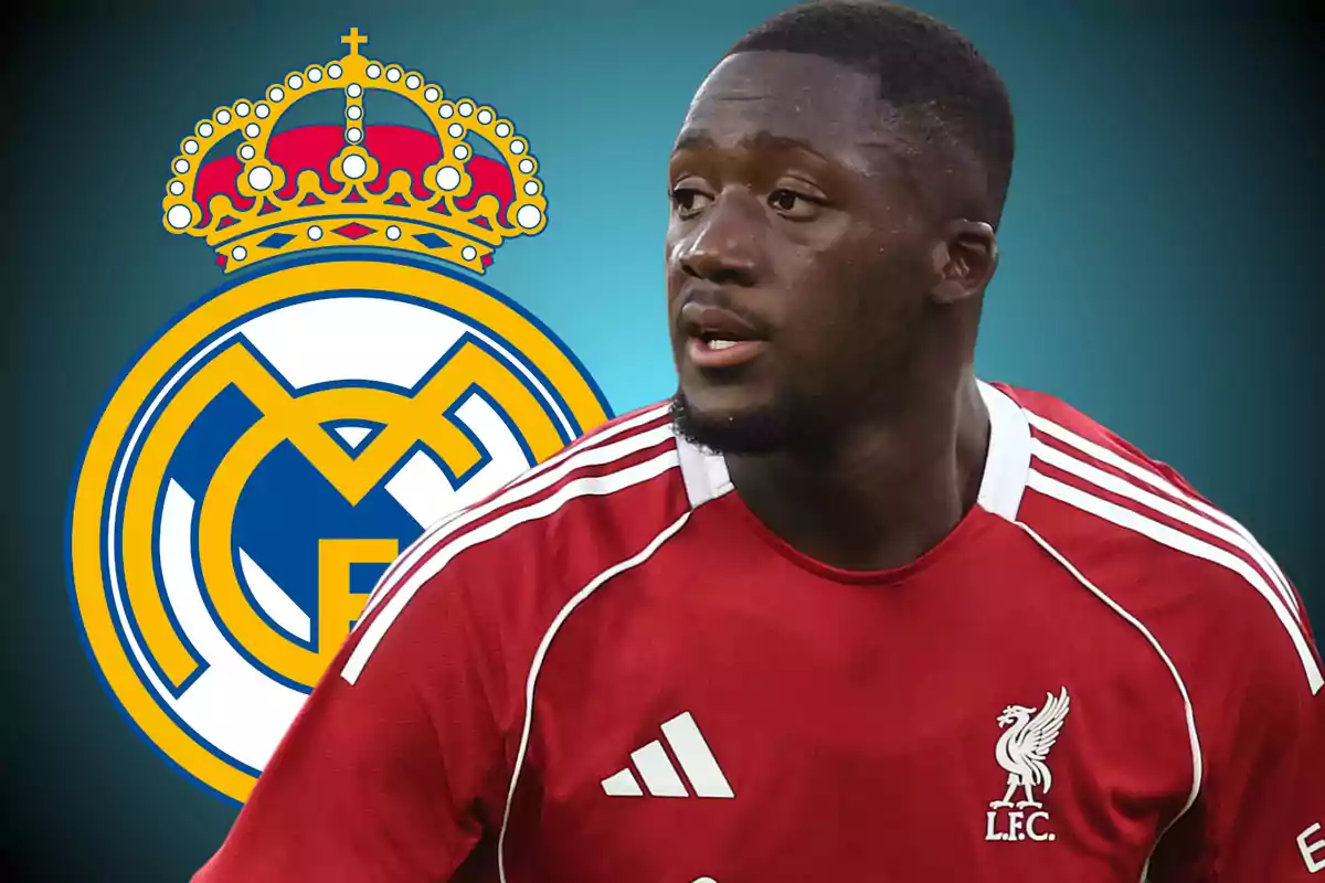 Liverpool footballer with the Real Madrid crest in the background