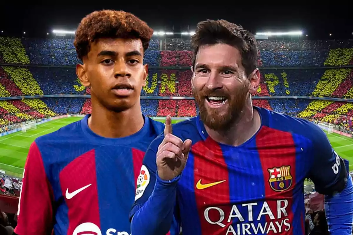 Two Barcelona players with Camp Nou stadium full of fans in the background