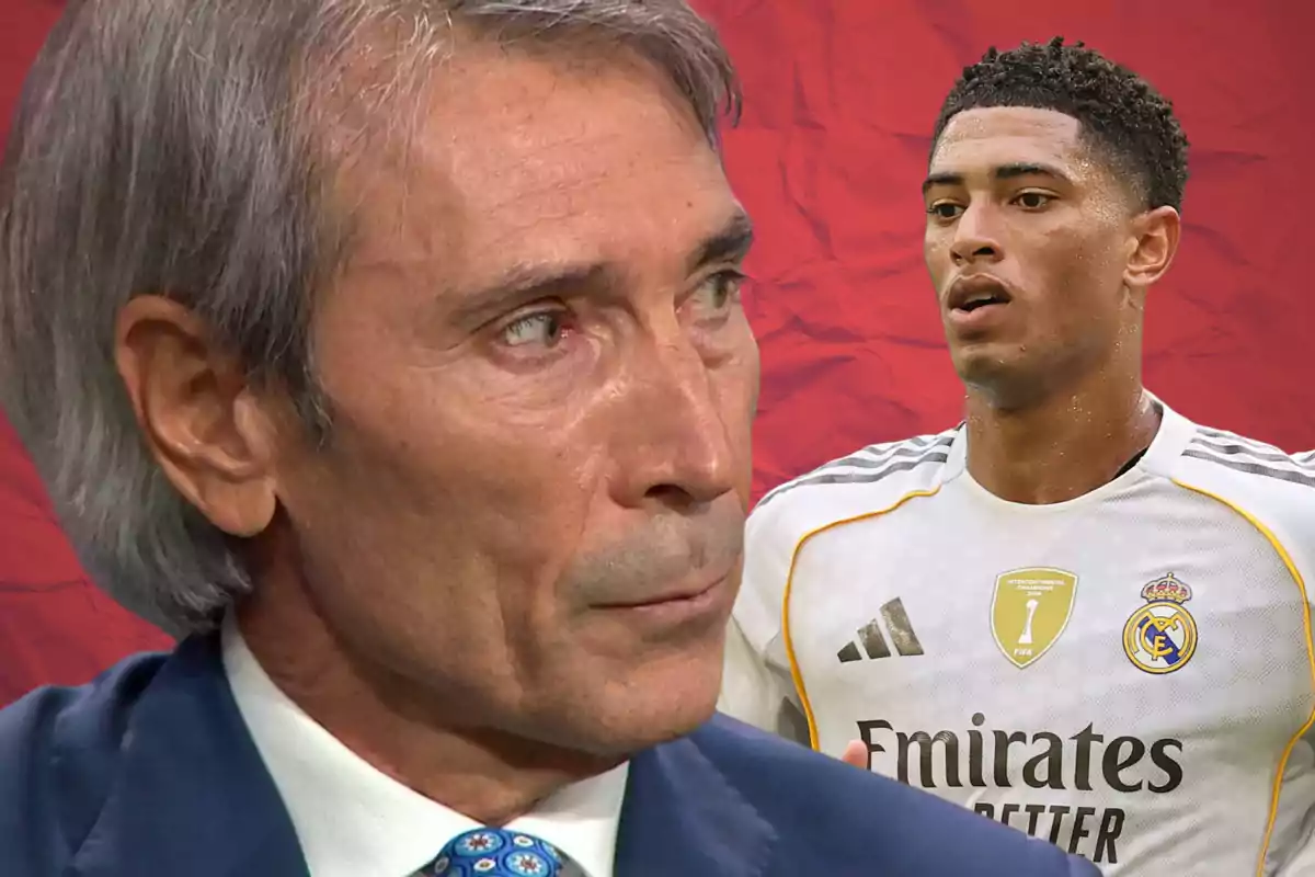 Un hombre de cabello canoso con traje azul aparece en primer plano mientras al fondo se ve a un futbolista con el uniforme blanco del Real Madrid sobre un fondo rojo
