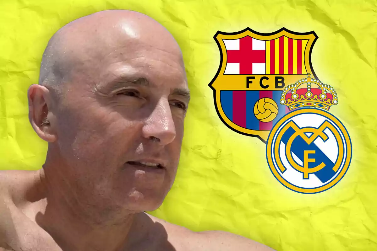 Bald man in the foreground with a yellow background and the FC Barcelona and Real Madrid crests beside him