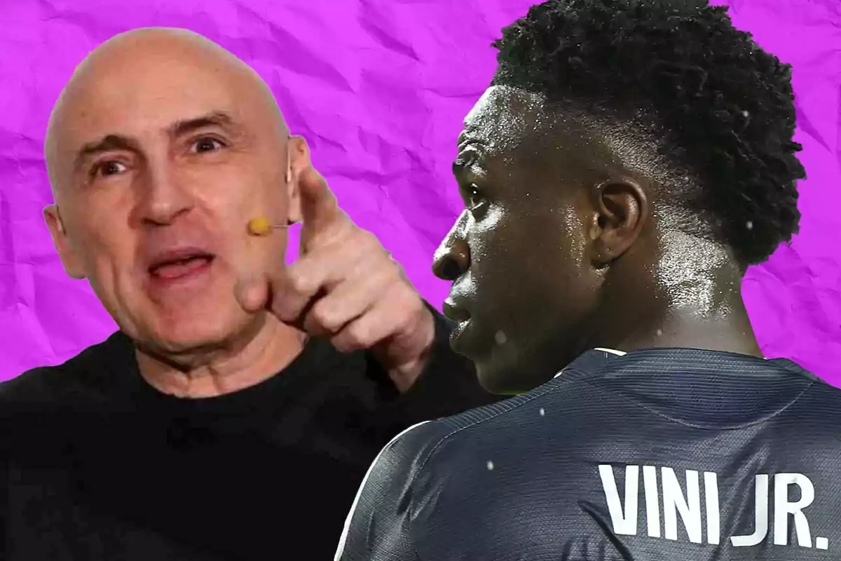 A bald man with a microphone on his cheek points forward while a player seen from behind, wearing a jersey that says Vini Jr., watches him; both are set against a wrinkled purple background.