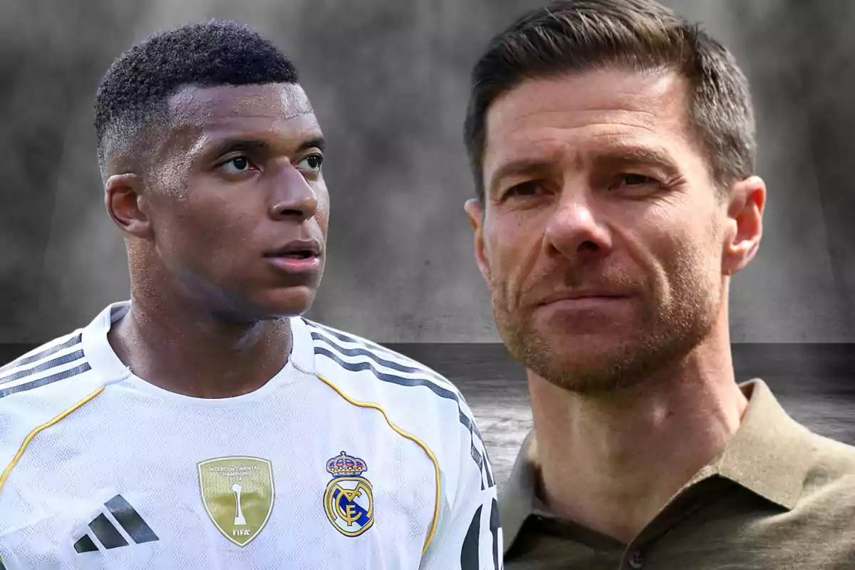 Dos hombres aparecen en la imagen, uno con camiseta blanca del Real Madrid y otro con camisa beige, ambos con expresión seria y fondo oscuro difuminado.