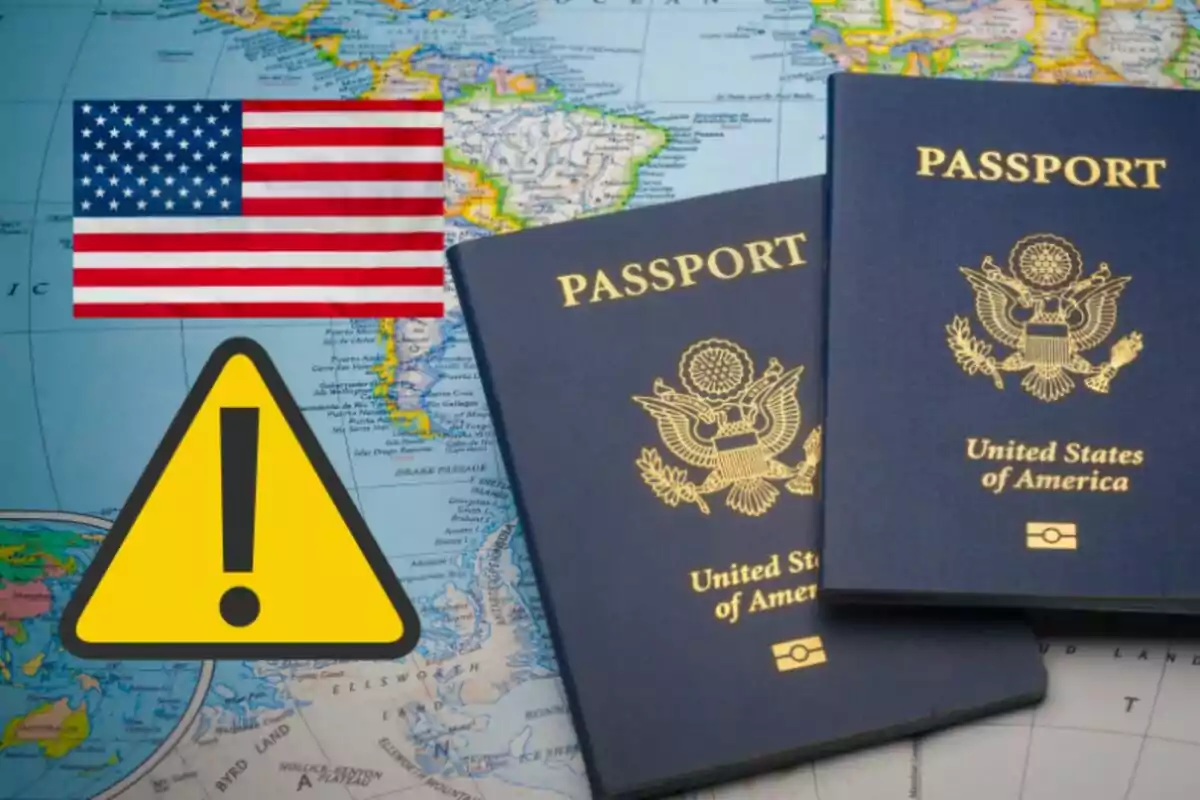 Two U.S. passports on a map next to a U.S. flag and a yellow warning symbol