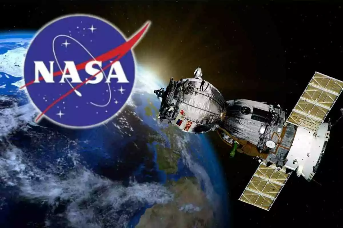 Logo de la NASA junto a un satélite en órbita sobre la Tierra