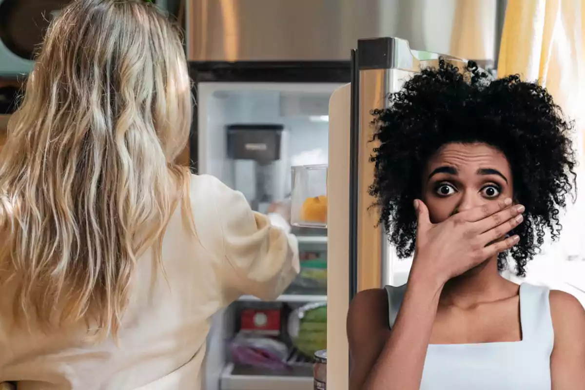 A woman with her back turned checks the inside of a refrigerator while another woman in front covers her mouth with an expression of surprise or disgust.