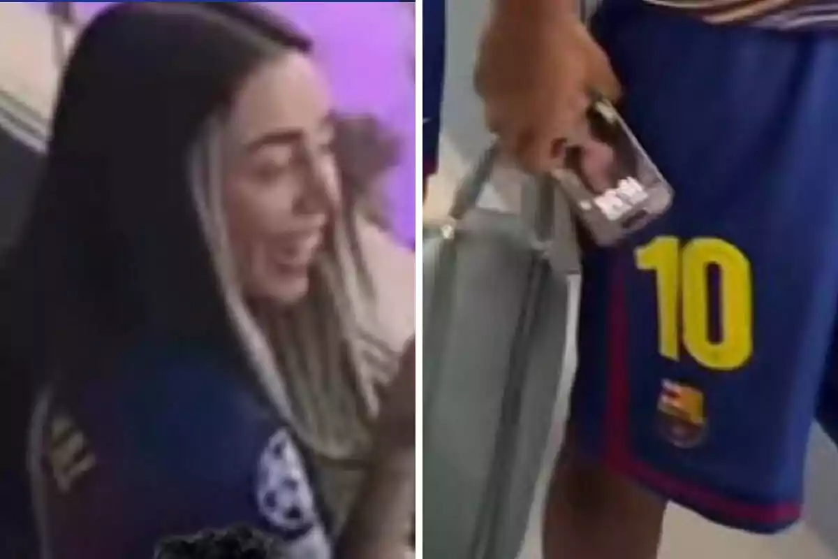 Una mujer sonriente con el cabello largo y rubio lleva puesta una camiseta azul de fútbol y junto a ella aparece una persona con un short azul del Barcelona con el número 10, sosteniendo una bolsa gris y un teléfono móvil. Una mujer sonriente con el cabello largo y rubio lleva puesta una camiseta azul de fútbol y junto a ella aparece una persona con un short azul del Barcelona con el número 10, sosteniendo una bolsa gris y un teléfono móvil.