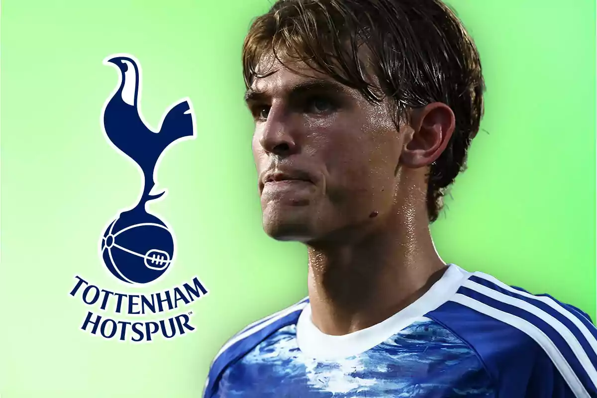 Soccer player wearing a blue jersey next to the Tottenham Hotspur crest on a green background