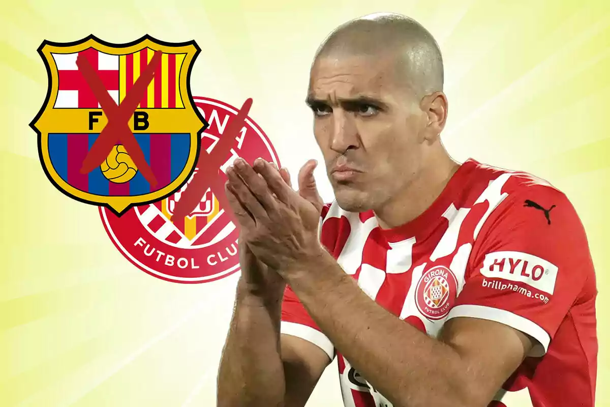 Jugador del Girona aplaudiendo con los escudos del Barcelona y Girona tachados al fondo