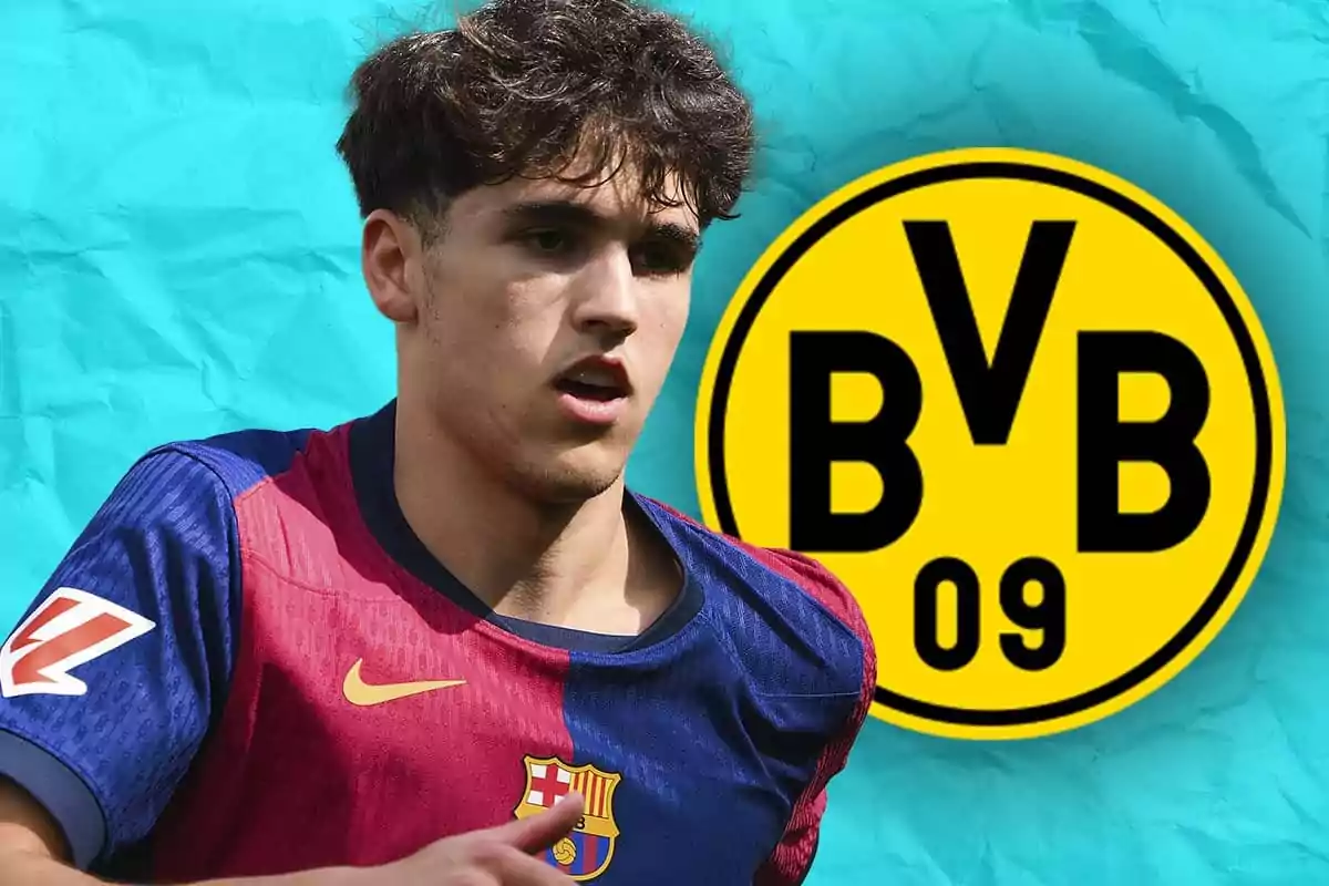 Barcelona player with the Borussia Dortmund logo in the background on a blue backdrop