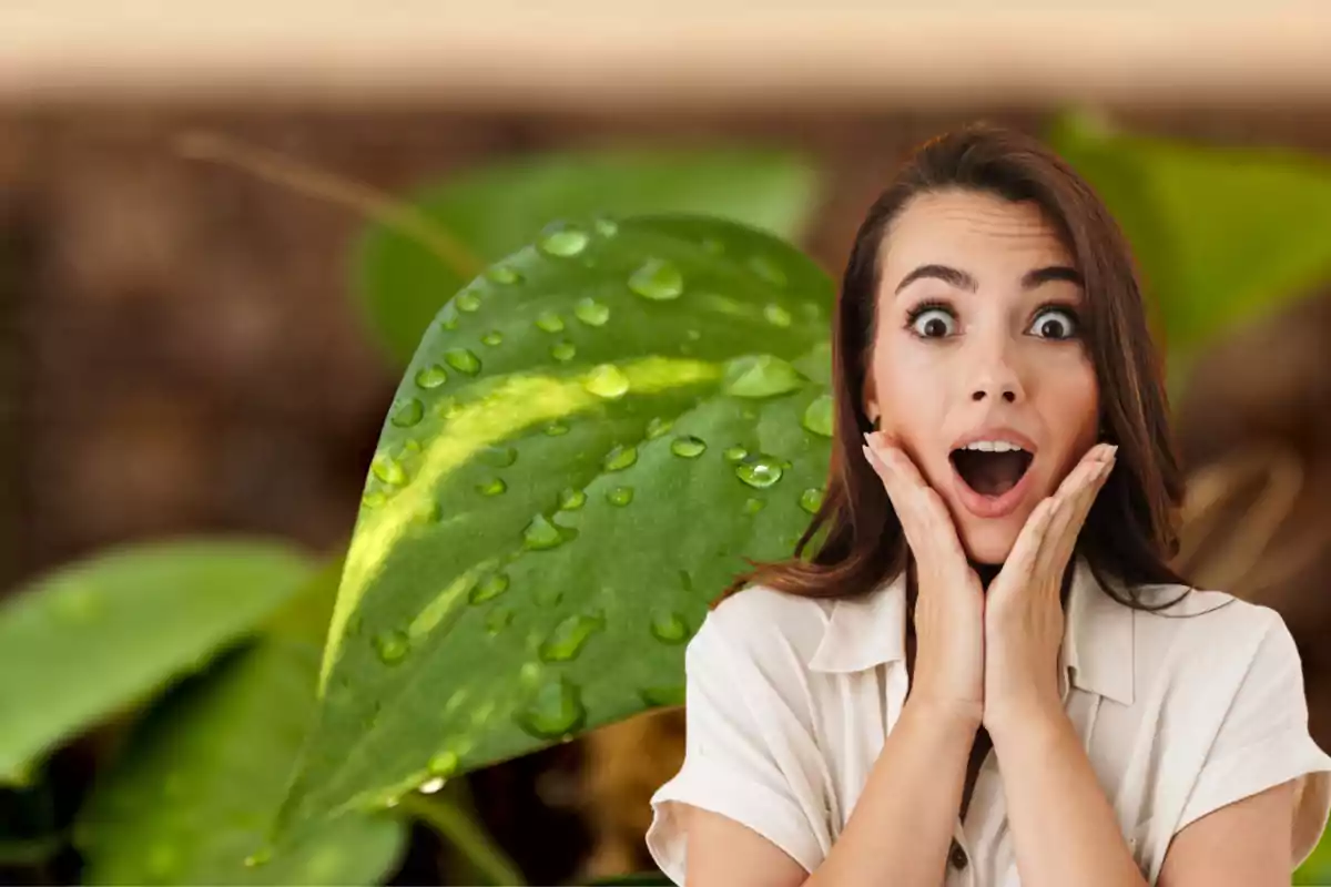 Mujer con expresión de sorpresa frente a una hoja verde con gotas de agua