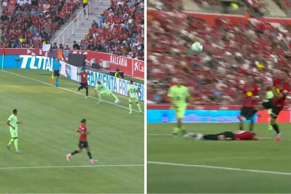 Two scenes from a soccer match with players in action, one of them falling to the ground while the ball is in the air and the crowd watches from the stands. Two scenes from a soccer match with players in action, one of them falling to the ground while the ball is in the air and the crowd watches from the stands.