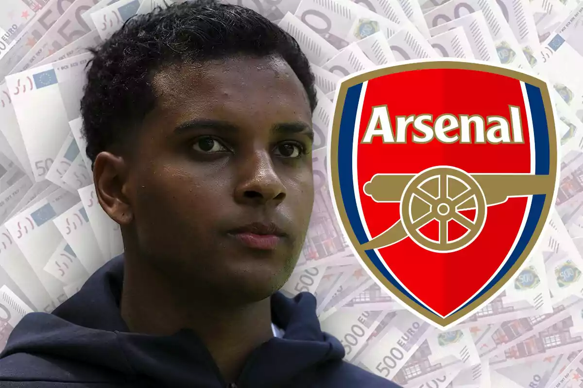 Young man with a serious expression next to the Arsenal crest against a background of euro bills