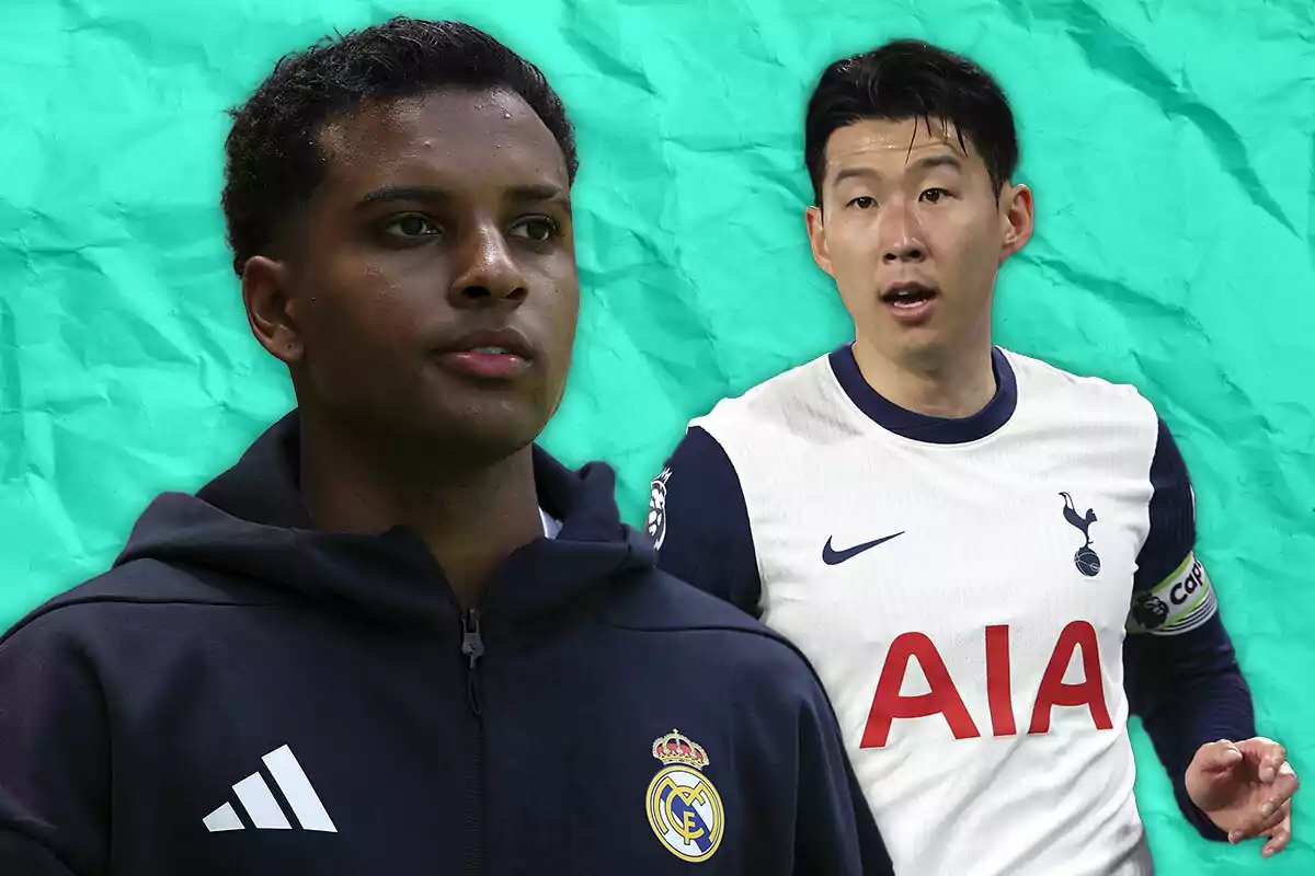 Dos futbolistas con uniformes de Real Madrid y Tottenham posan sobre un fondo verde texturizado