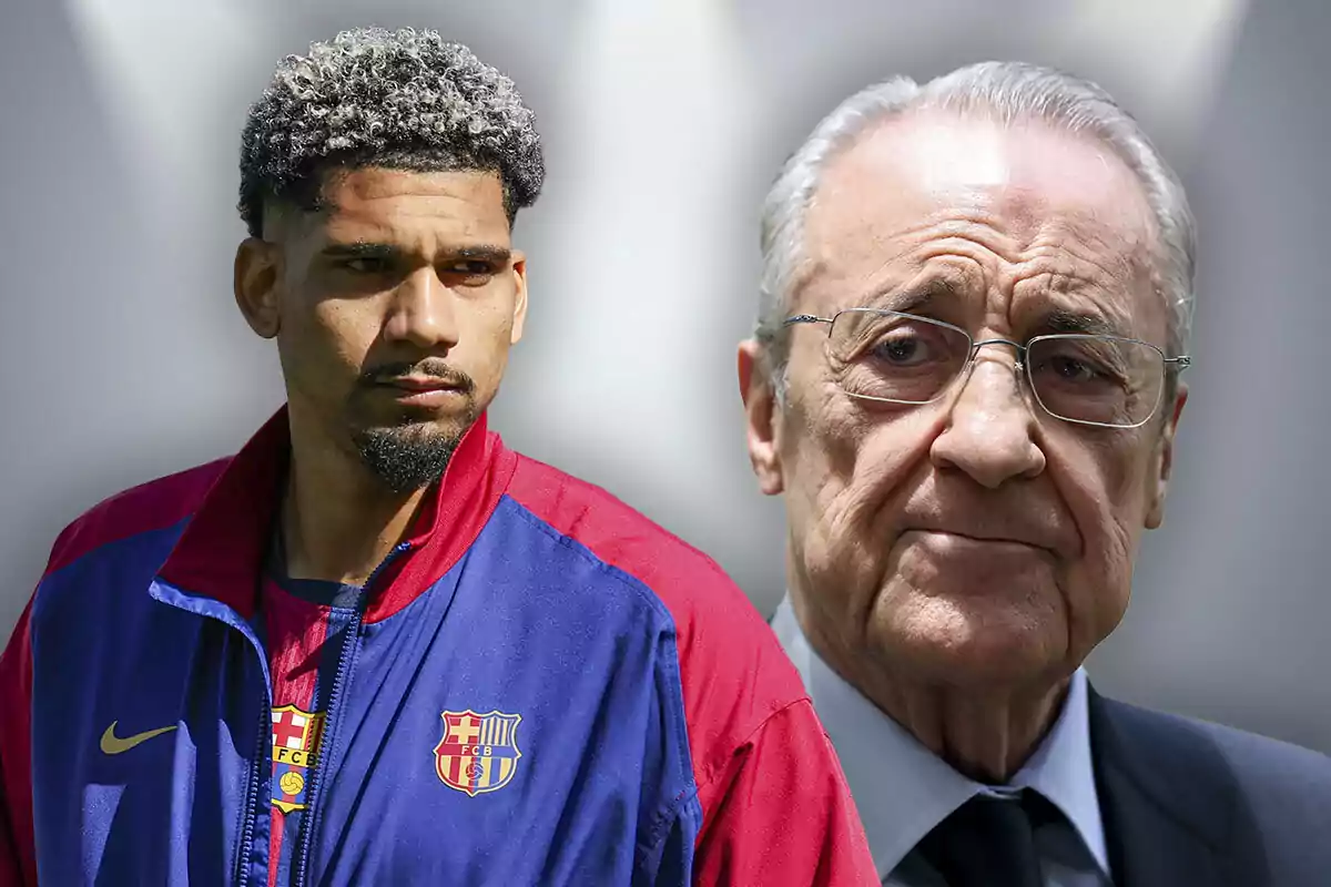 Un jugador del Barcelona con chaqueta del club junto a un hombre mayor con gafas y expresión seria, ambos sobre un fondo gris iluminado.