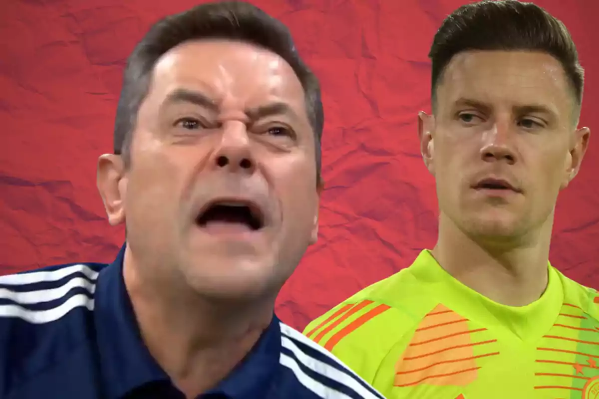 A man with an angry expression and a soccer goalkeeper in a yellow uniform against a red background