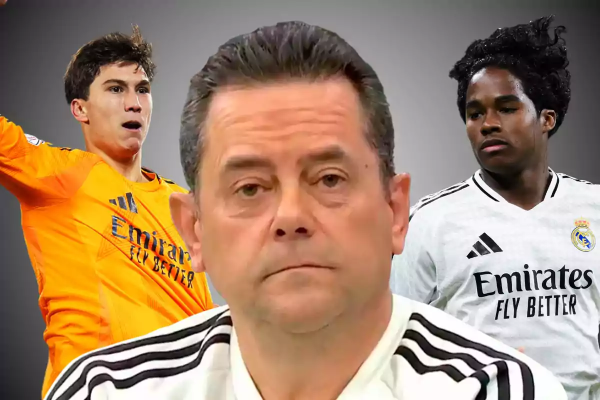 Tres personas con uniformes del Real Madrid, una en el centro con expresión seria, otra a la izquierda con uniforme naranja y otra a la derecha con uniforme blanco.