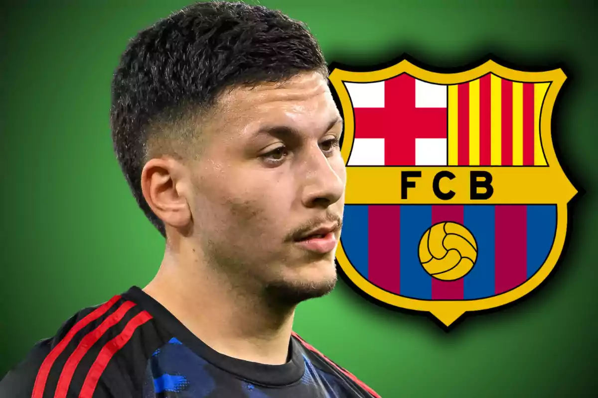 A player wearing a black and red jersey appears in the foreground with the FC Barcelona crest in the background on a green backdrop.