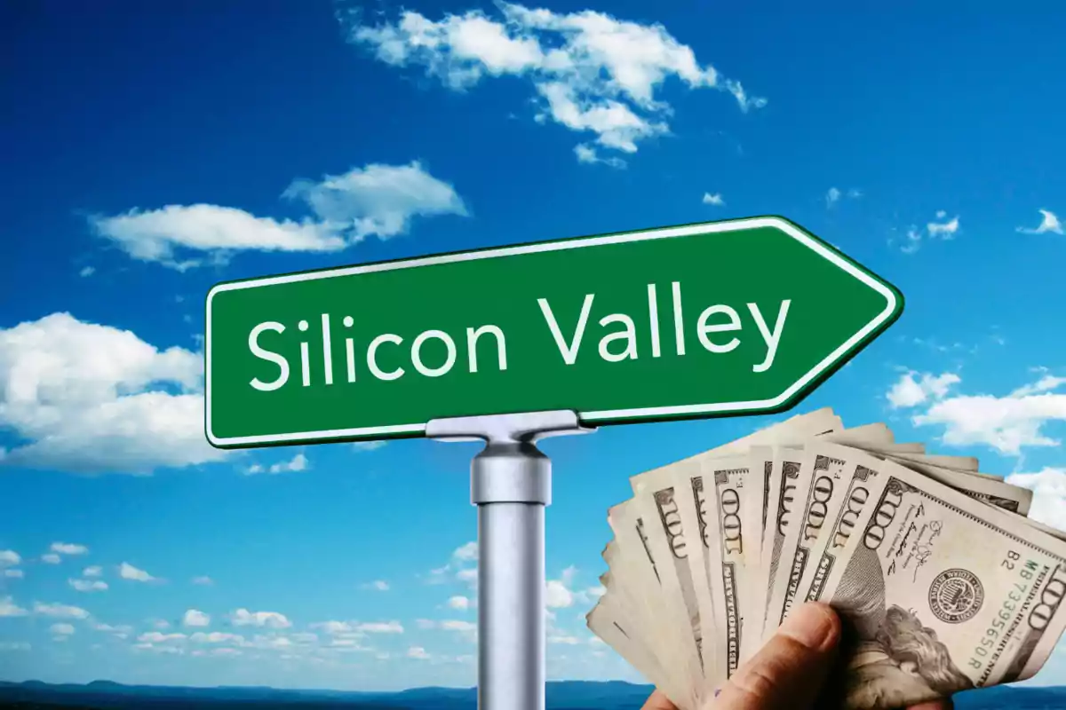 Un letrero verde que dice Silicon Valley con un cielo azul de fondo y una mano sosteniendo billetes de cien dólares.