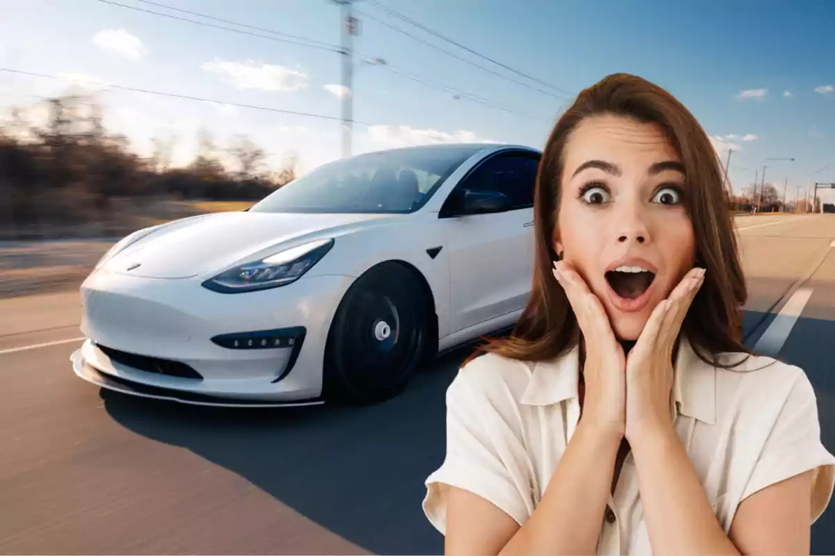 Surprised woman in front of a white sports car driving down a road