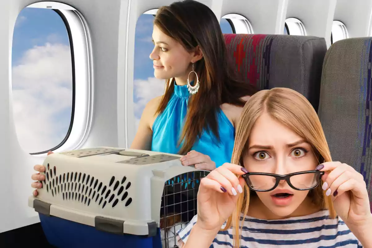 Mujer sentada en un avión junto a una transportadora de mascotas mientras otra mujer al frente la observa sorprendida ajustándose los lentes