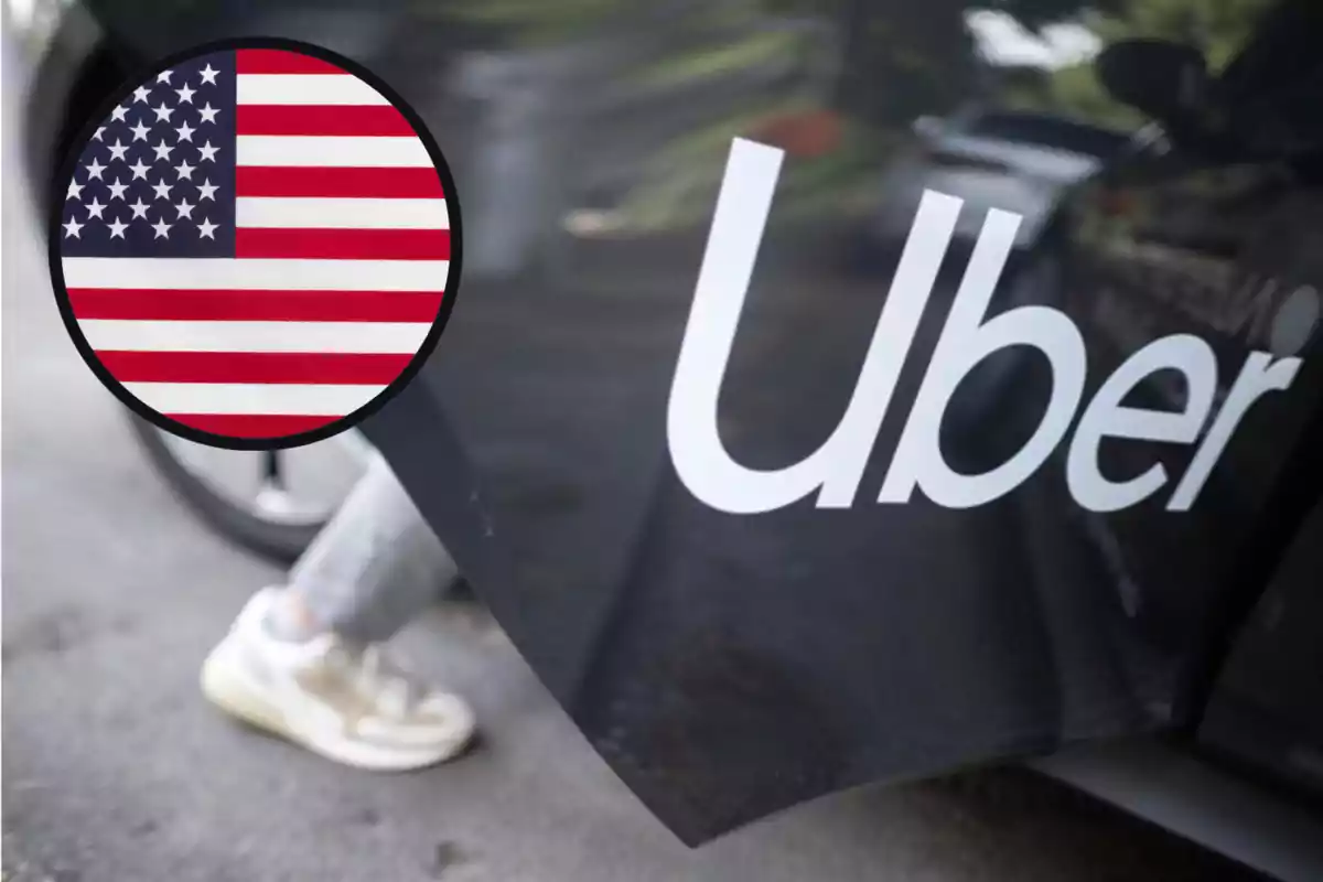 Persona subiendo a un auto de Uber con un círculo que muestra la bandera de Estados Unidos