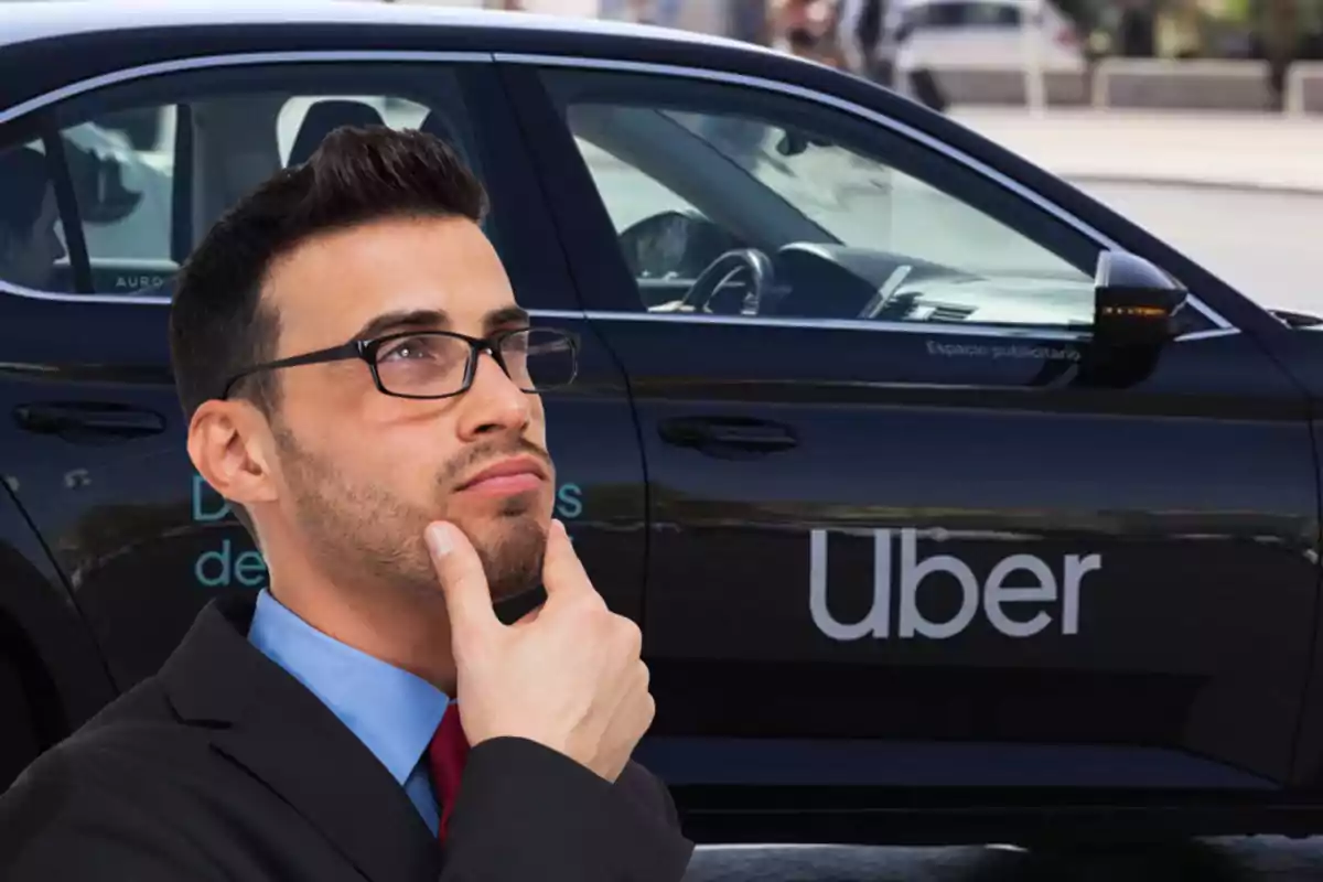 Man with glasses and a suit in a thoughtful pose in front of a black car with the Uber logo Man with glasses and a suit in a thoughtful pose in front of a black car with the Uber logo