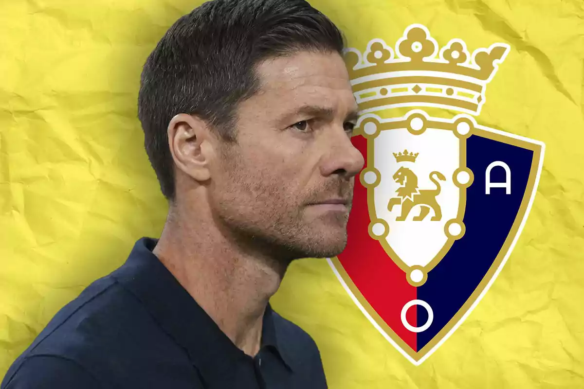 Hombre de perfil con fondo amarillo y el escudo del club Osasuna detrás